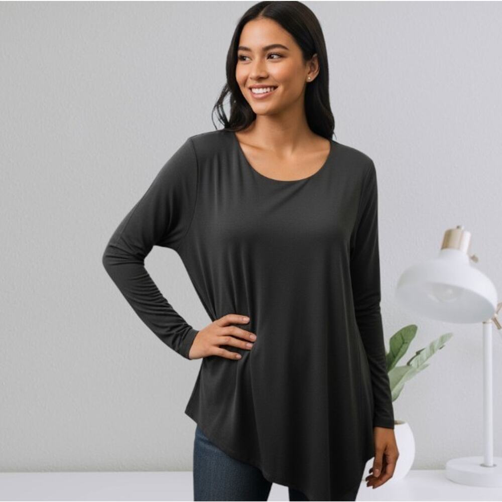 NWT Passports Shirt Women Large 12-14 Black Side Opening Stretch Asymmetric Work